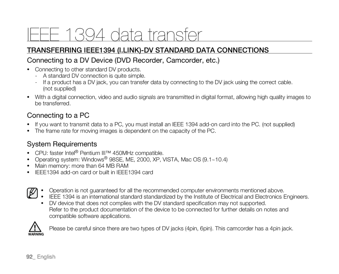 Samsung VP-D382( i ), VP-D382H, VP-D385( i ), VP-D381( i ) Ieee 1394 data transfer, Connecting to a PC, System Requirements 