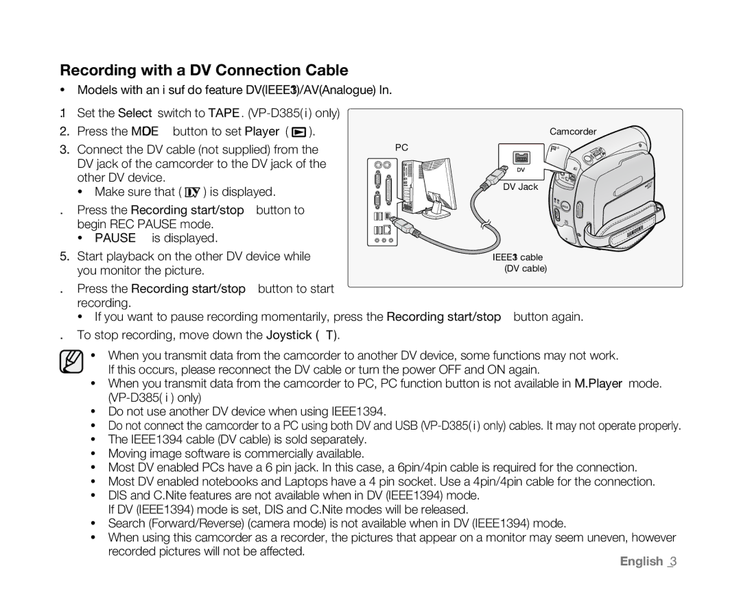 Samsung VP-D385( i ) Recording with a DV Connection Cable, Models with an ‘i’ suffix do feature DVIEEE1394/AVAnalogue 