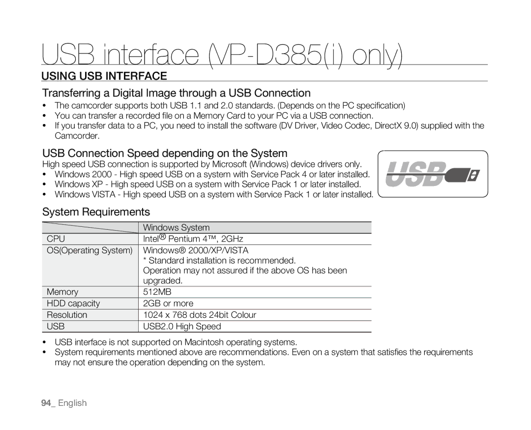 Samsung VP-D381( i ), VP-D382H, VP-D382( i ) USB interface VP-D385i only, USB Connection Speed depending on the System 