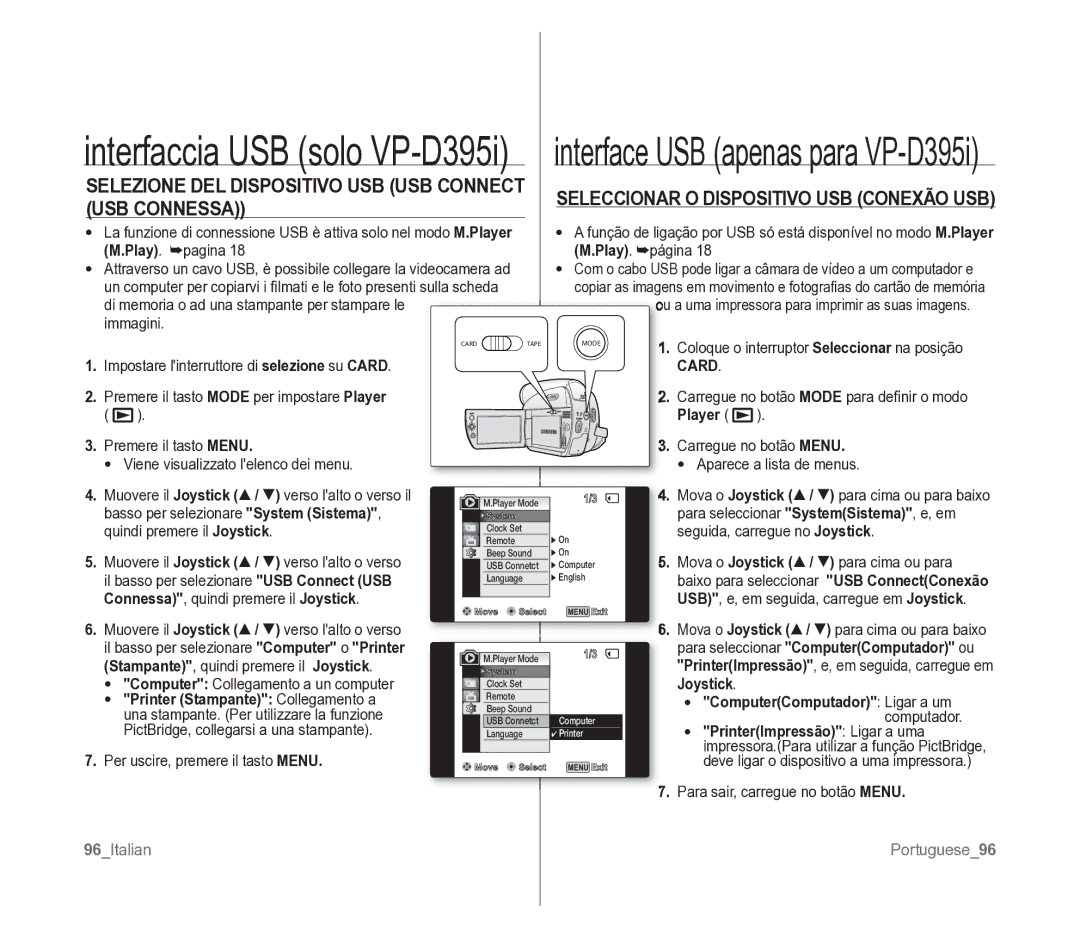 Samsung VP-D391/EDC USB Connessa, Selezione DEL Dispositivo USB USB Connect, Seleccionar O Dispositivo USB Conexão USB 