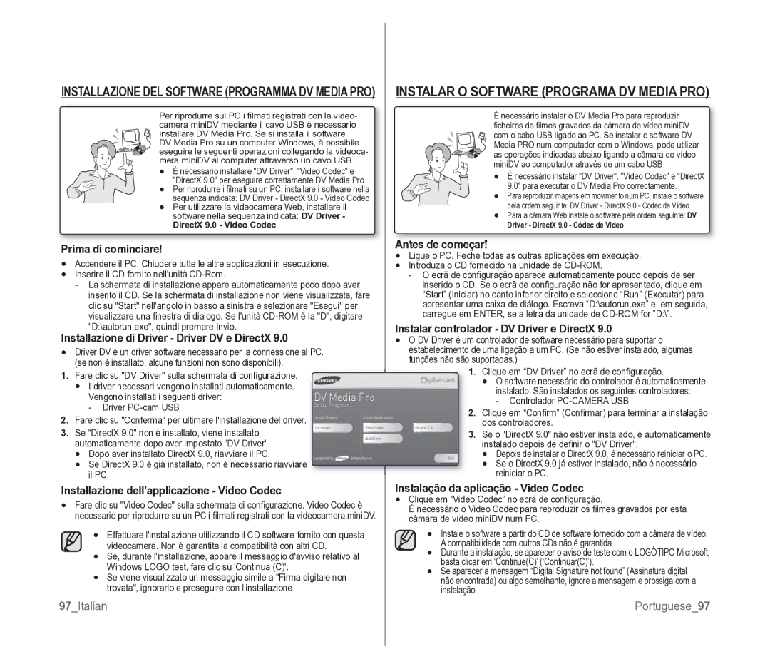 Samsung VP-D391/EDC manual Instalar O Software Programa DV Media PRO 