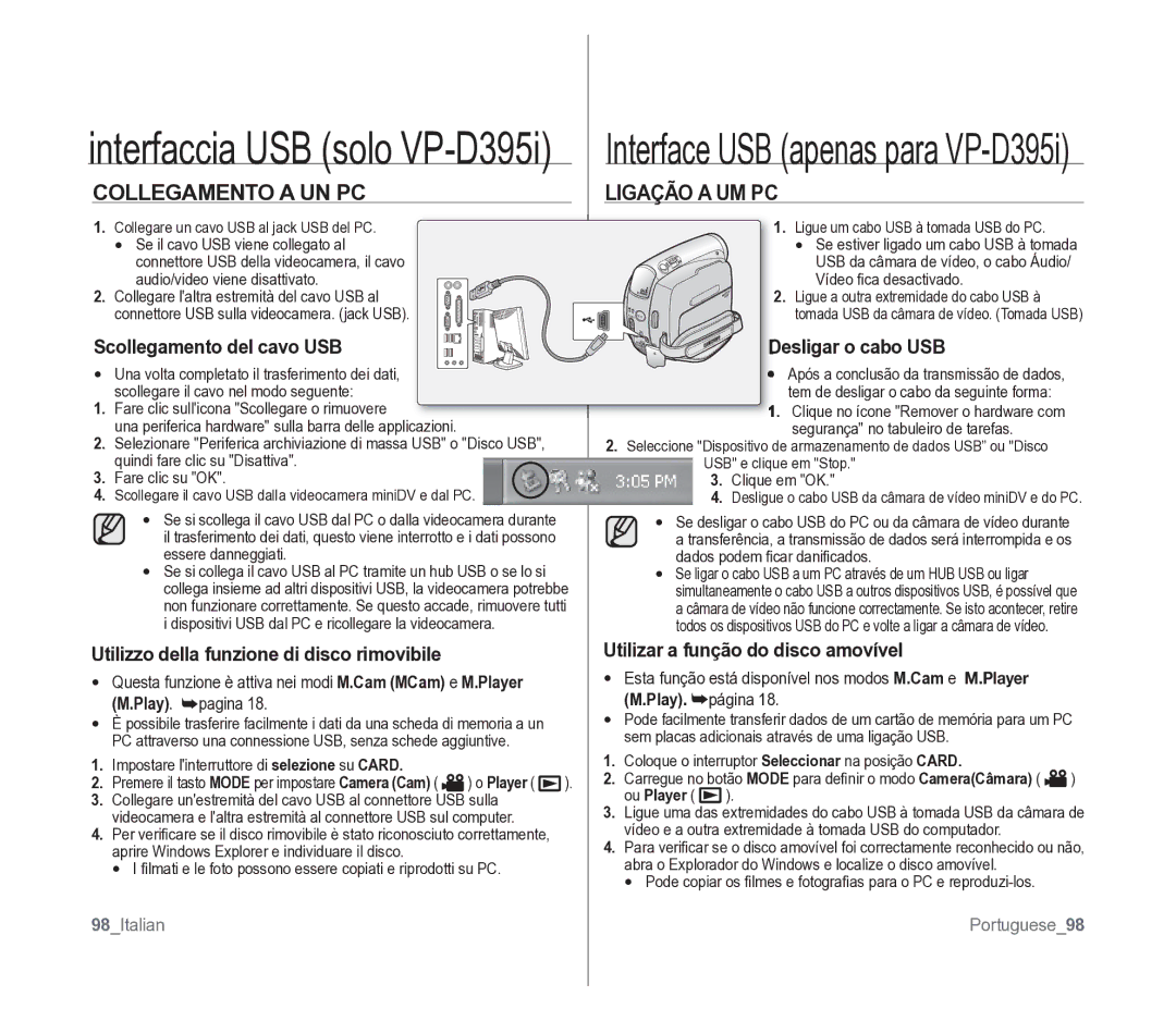 Samsung VP-D391/EDC manual Collegamento a UN PC, Ligação a UM PC 