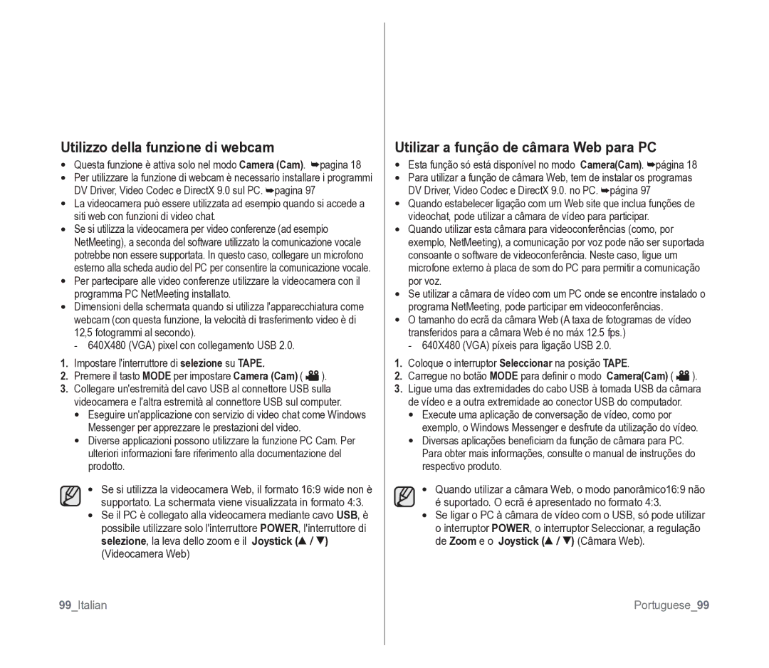 Samsung VP-D391/EDC Utilizzo della funzione di webcam, Utilizar a função de câmara Web para PC, 99Italian, Portuguese99 