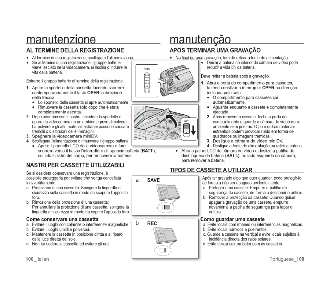 Samsung VP-D391/EDC manual Manutenzione, Manutenção 