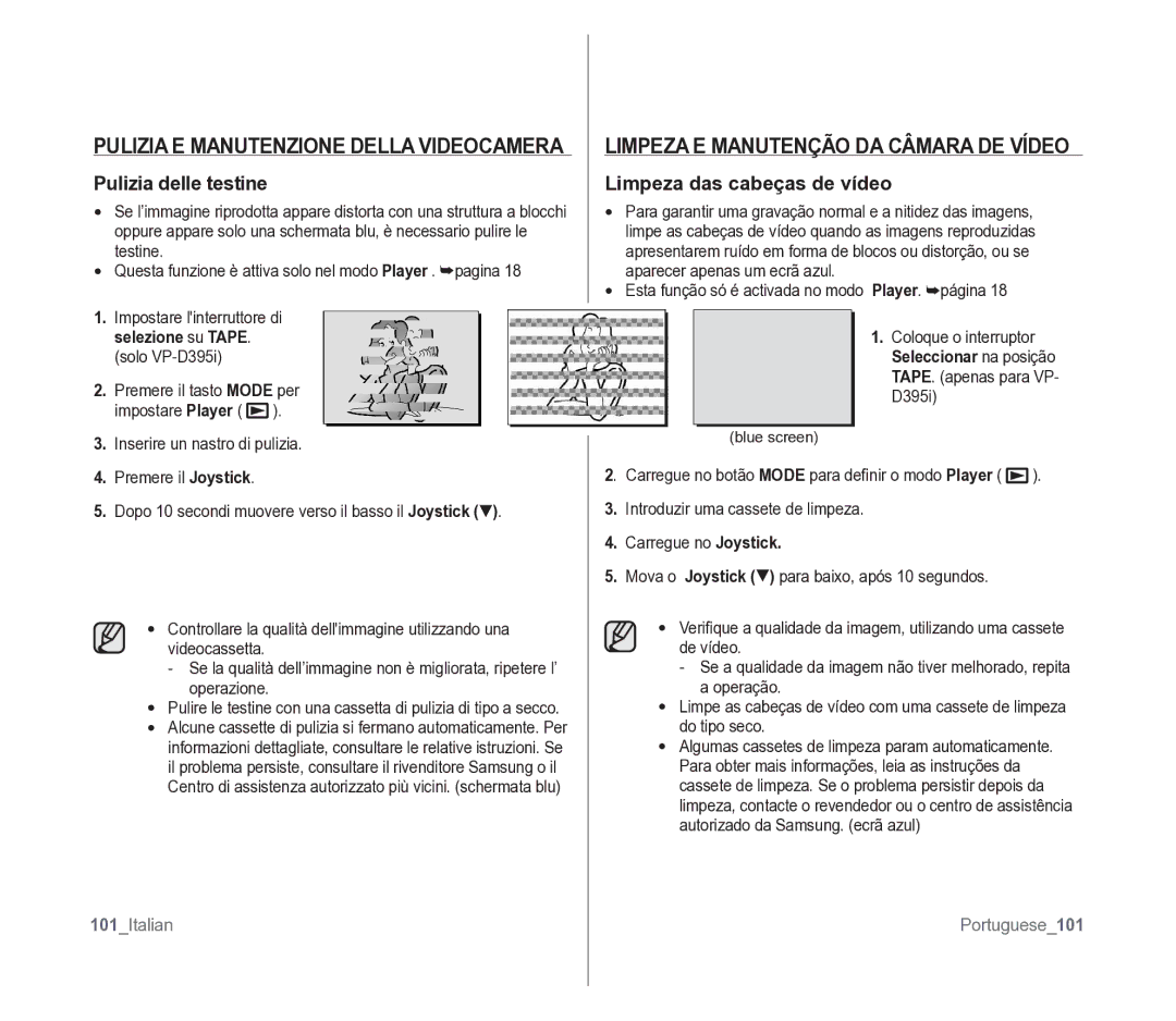 Samsung VP-D391/EDC manual Pulizia E Manutenzione Della Videocamera, Limpeza E Manutenção DA Câmara DE Vídeo 