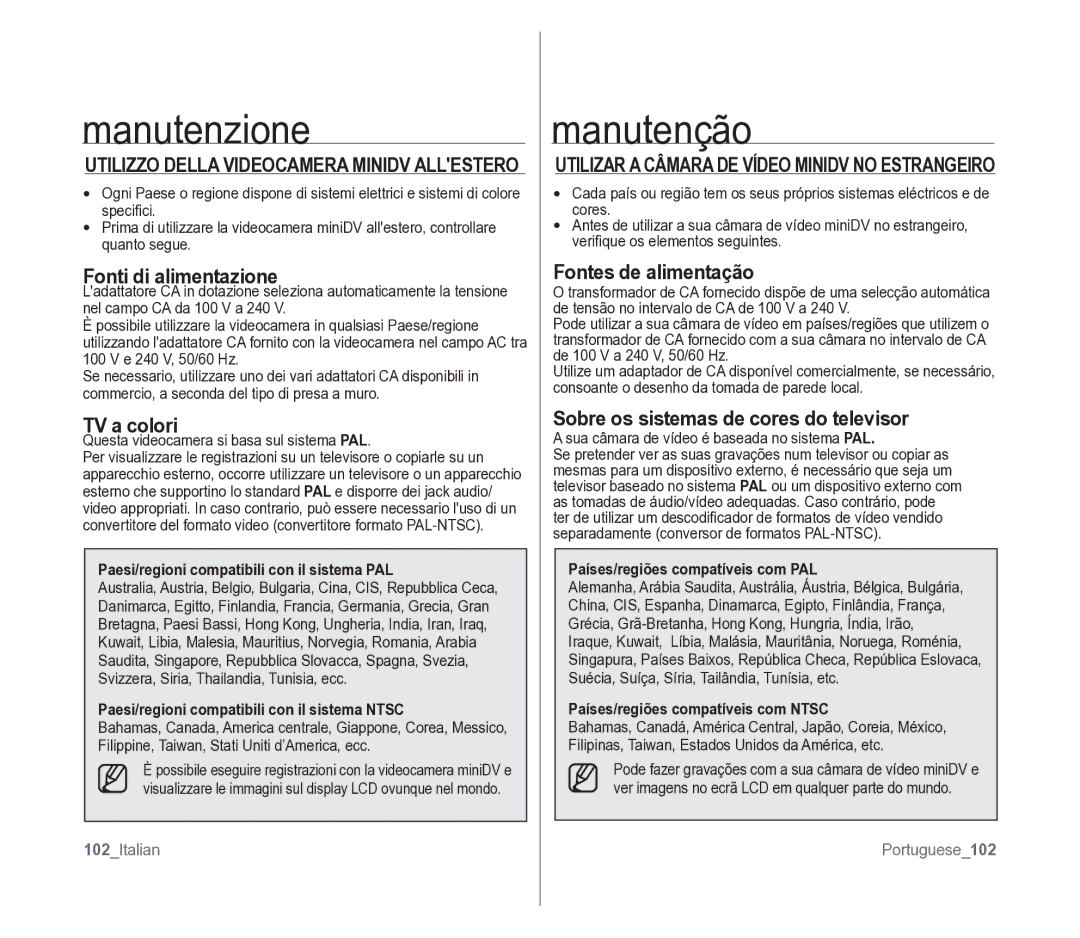 Samsung VP-D391/EDC Fonti di alimentazione, TV a colori, Fontes de alimentação, Sobre os sistemas de cores do televisor 