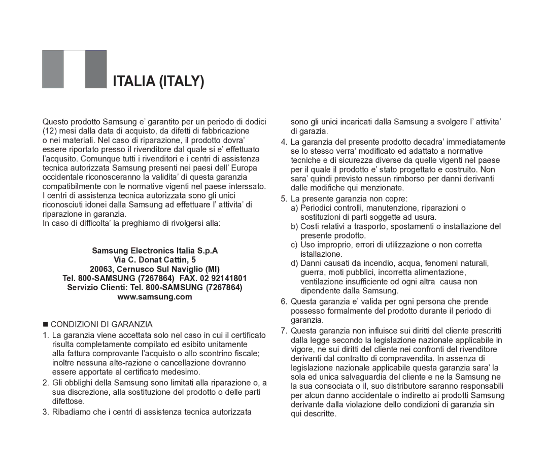 Samsung VP-D391/EDC manual Italia Italy 