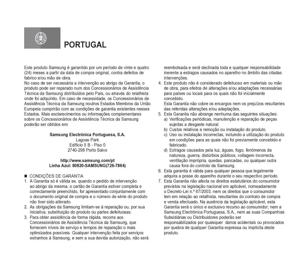 Samsung VP-D391/EDC manual Samsung Electrónica Portuguesa, S.A, Lagoas Park Edifício 5 B Piso Porto Salvo 