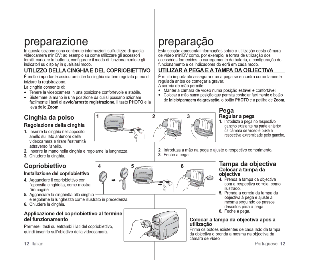 Samsung VP-D391/EDC manual Preparazione Preparação, Utilizar a Pega E a Tampa DA Objectiva 