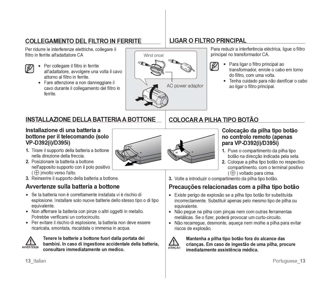 Samsung VP-D391/EDC Collegamento DEL Filtro in Ferrite, Installazione Della Batteria a Bottone, Ligar O Filtro Principal 