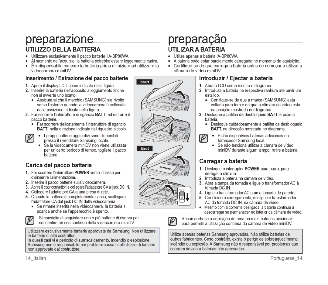 Samsung VP-D391/EDC manual Preparazione, Utilizzo Della Batteria, Utilizar a Bateria 