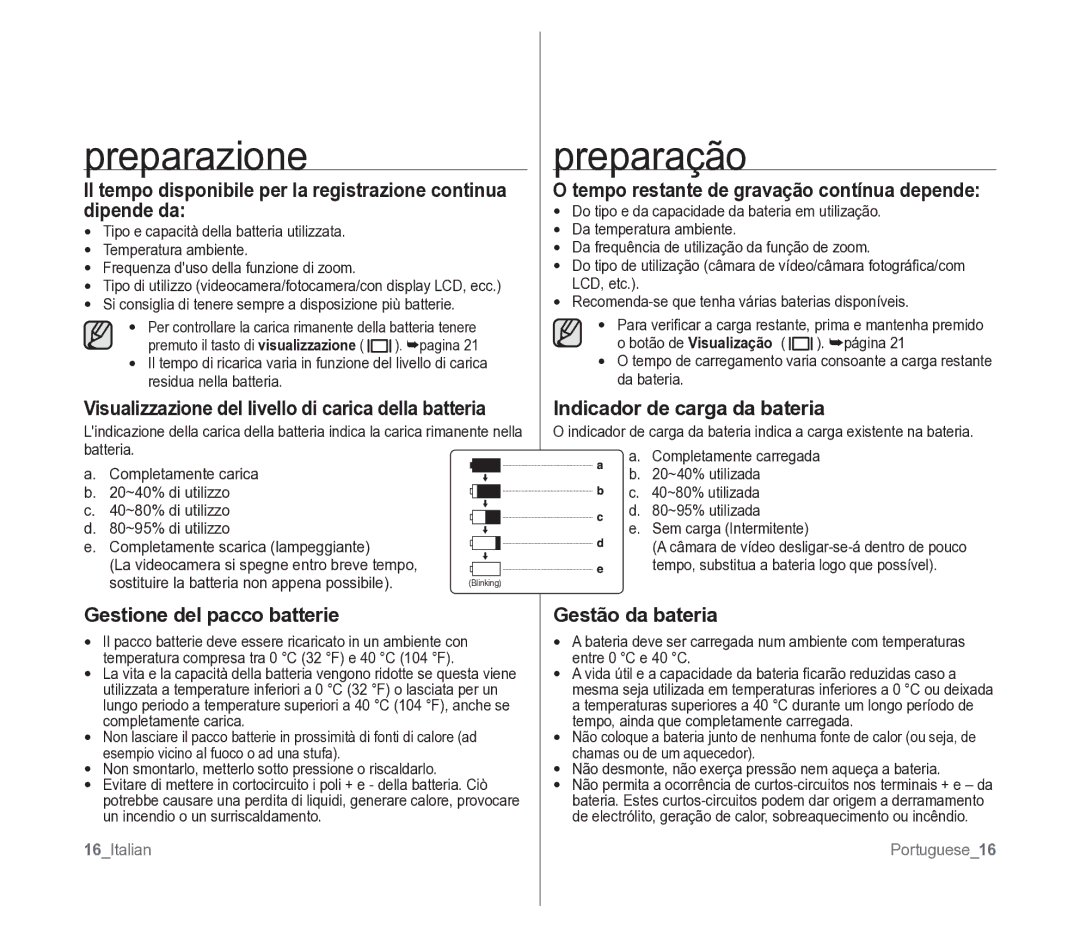 Samsung VP-D391/EDC Visualizzazione del livello di carica della batteria, Gestione del pacco batterie, Gestão da bateria 