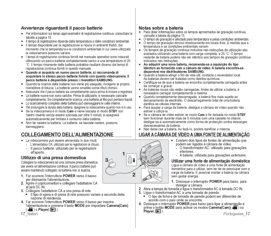 Samsung VP-D391/EDC manual Collegamento Dellalimentazione, Avvertenze riguardanti il pacco batterie, Notas sobre a bateria 