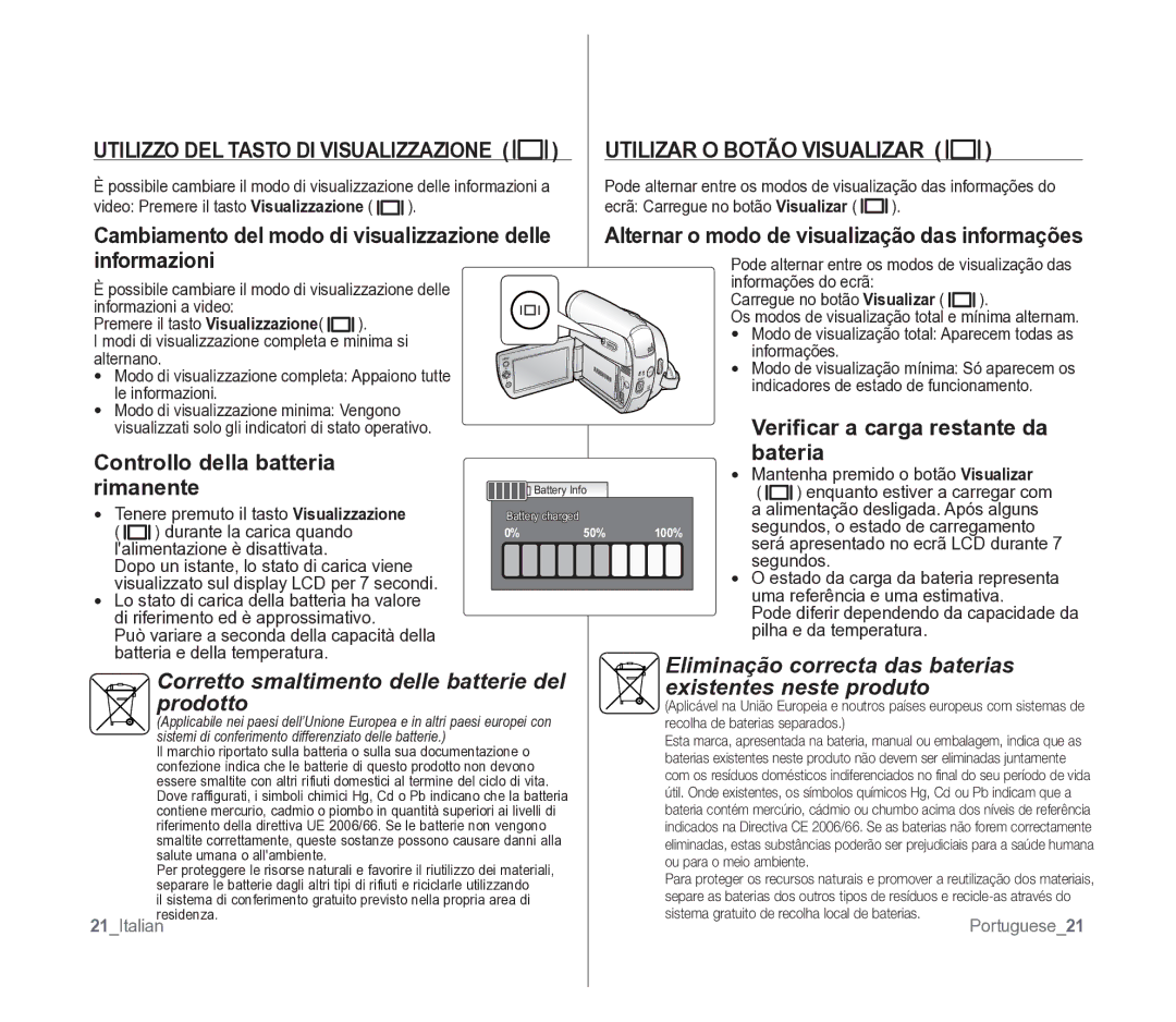 Samsung VP-D391/EDC manual Utilizzo DEL Tasto DI Visualizzazione, Utilizar O Botão Visualizar 