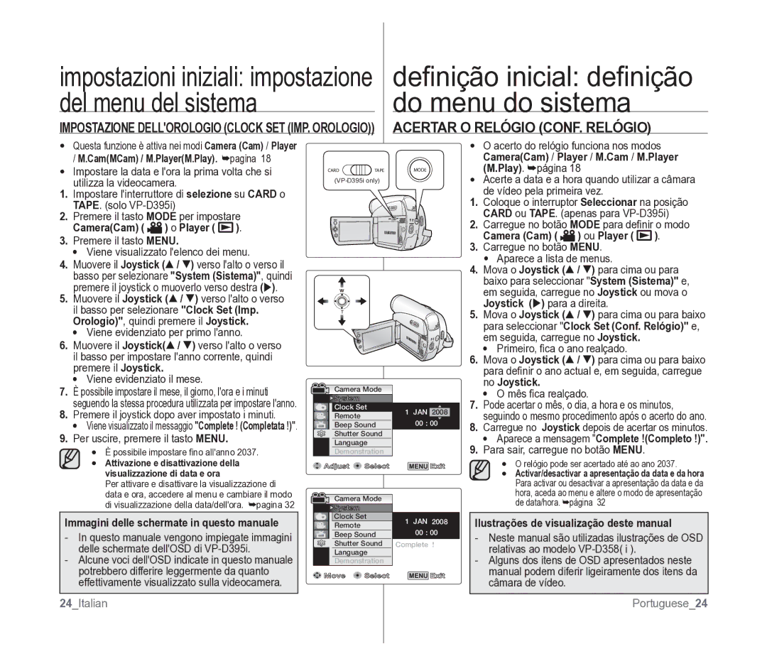 Samsung VP-D391/EDC Acertar O Relógio CONF. Relógio, Immagini delle schermate in questo manuale, 24Italian Portuguese24 