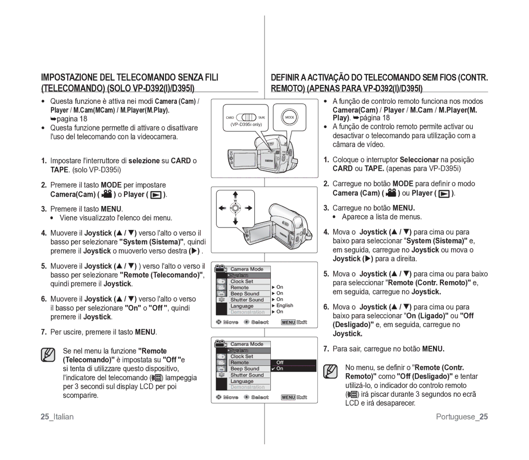 Samsung VP-D391/EDC manual Telecomando Solo VP-D392I/D395I, Impostazione DEL Telecomando Senza Fili 