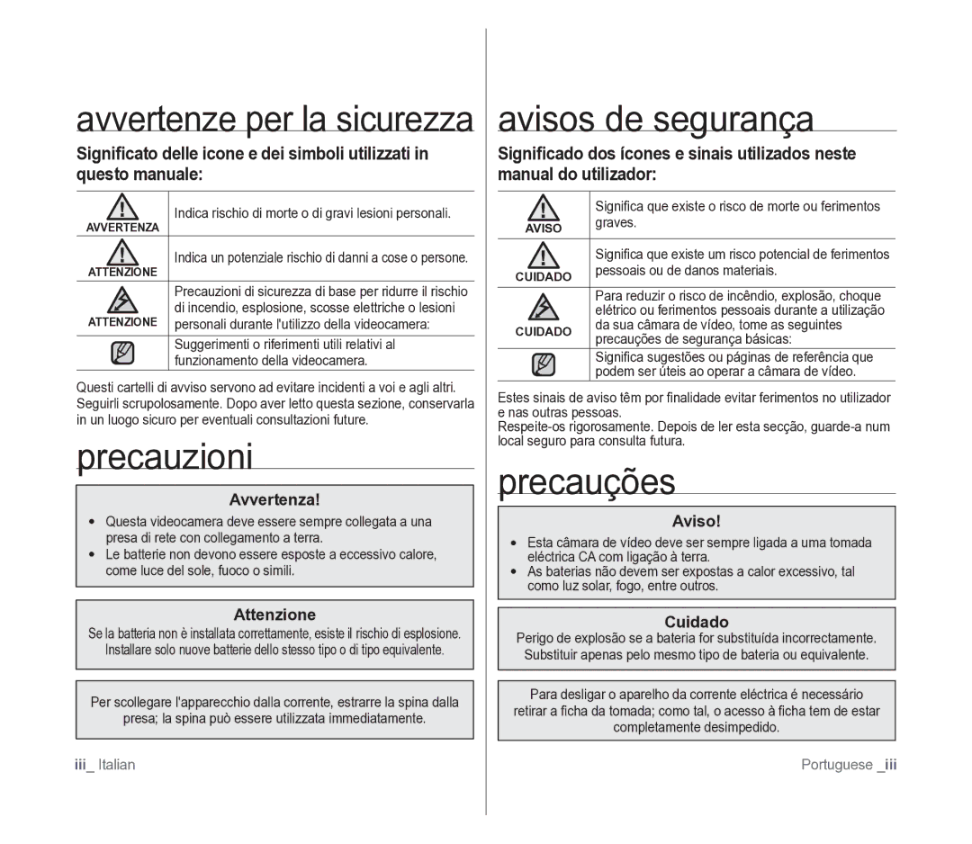 Samsung VP-D391/EDC manual Precauzioni, Avisos de segurança, Precauções 