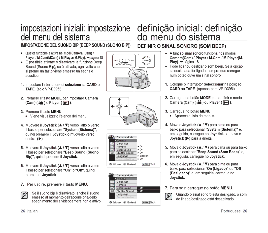 Samsung VP-D391/EDC manual Definir O Sinal Sonoro SOM Beep, Cam Player, Play. página, 26Italian, Portuguese26 