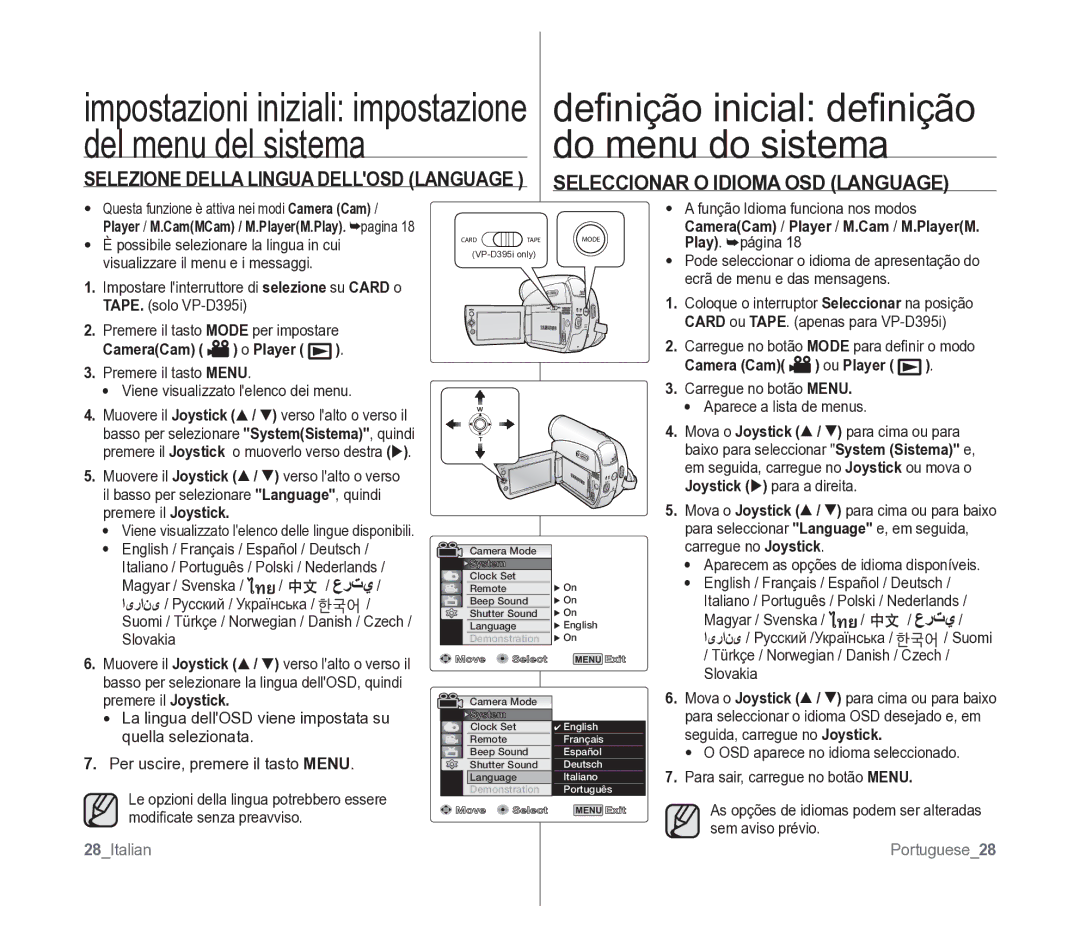 Samsung VP-D391/EDC manual Seleccionar O Idioma OSD Language, Selezione Della Lingua Dellosd Language, 28Italian 