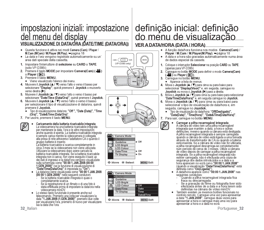 Samsung VP-D391/EDC VER a DATA/HORA Data / Hora, Visualizzazione DI DATA/ORA DATE/TIME DATA/ORA, 32Italian, Portuguese32 