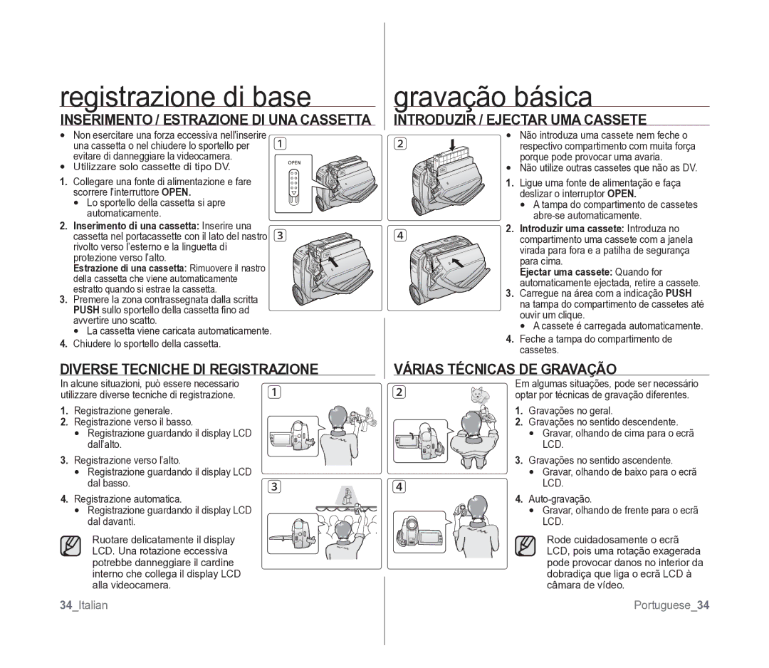 Samsung VP-D391/EDC manual Registrazione di base, Gravação básica 