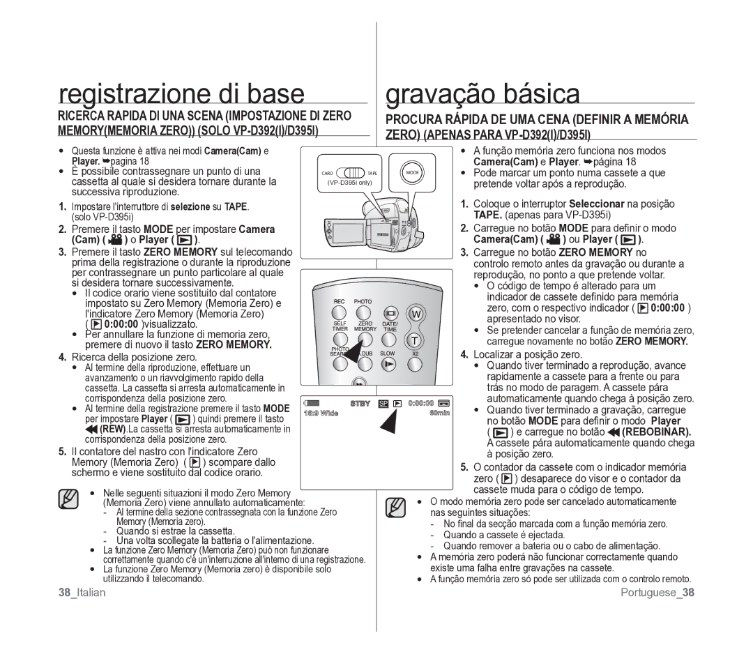 Samsung VP-D391/EDC manual 38Italian, CameraCam e Player . página, Portuguese38 