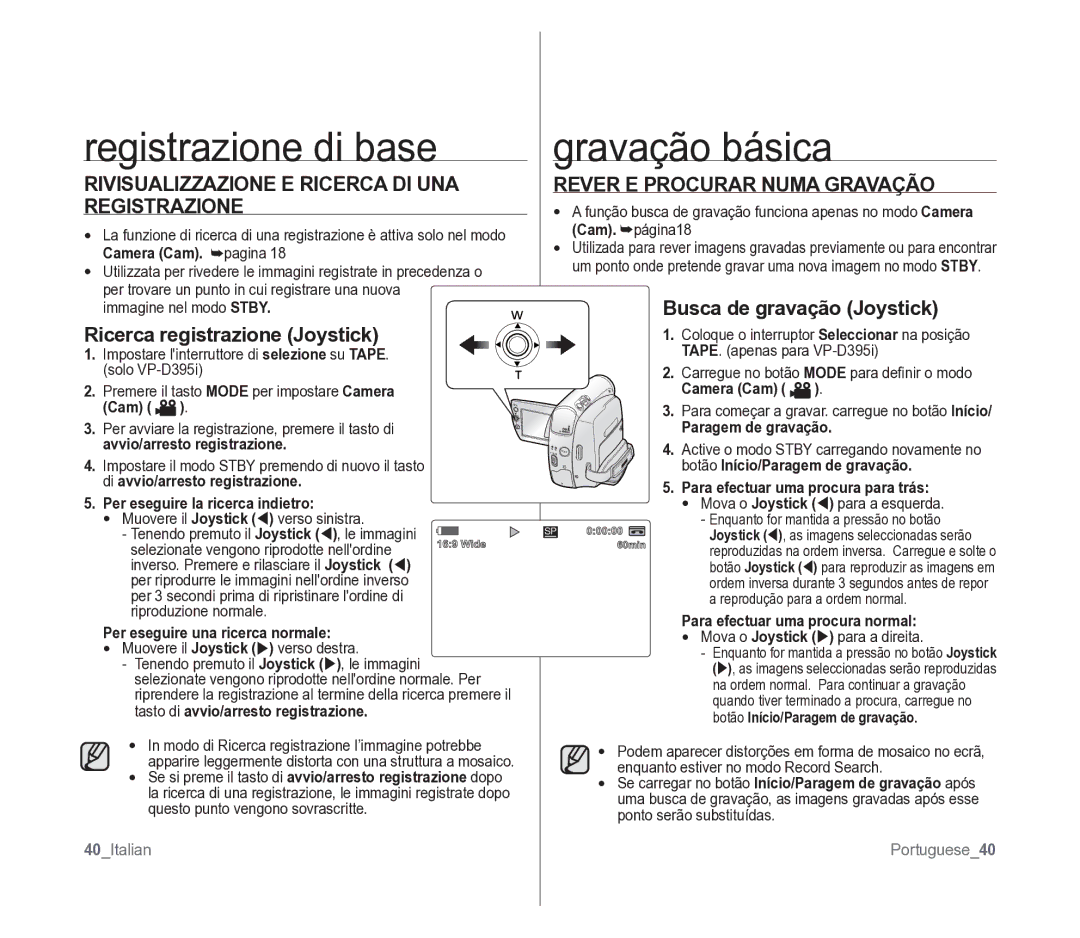 Samsung VP-D391/EDC manual Rivisualizzazione E Ricerca DI UNA Registrazione, Rever E Procurar Numa Gravação 