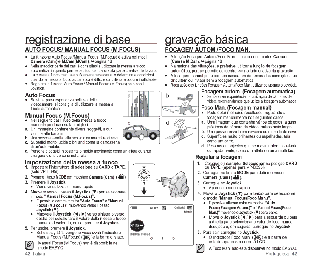 Samsung VP-D391/EDC manual Registrazione di base Gravação básica, Auto FOCUS/ Manual Focus M.FOCUS Focagem AUTOM./FOCO MAN 