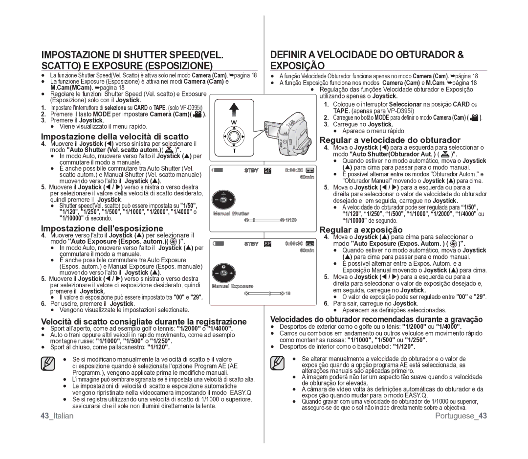 Samsung VP-D391/EDC manual Impostazione dellesposizione, Regular a exposição, 43Italian Portuguese 