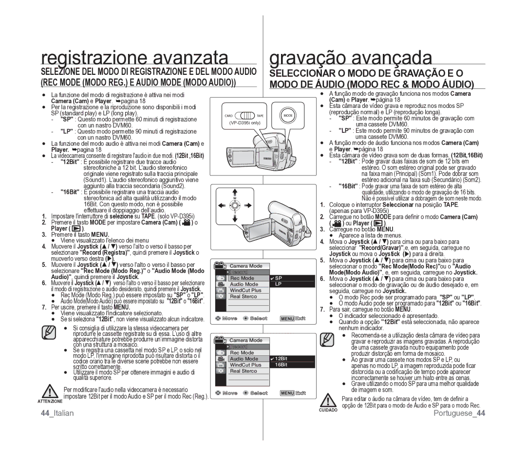 Samsung VP-D391/EDC manual Registrazione avanzata, Seleccionar O Modo DE Gravação E O, Modo DE Áudio Modo REC & Modo Áudio 