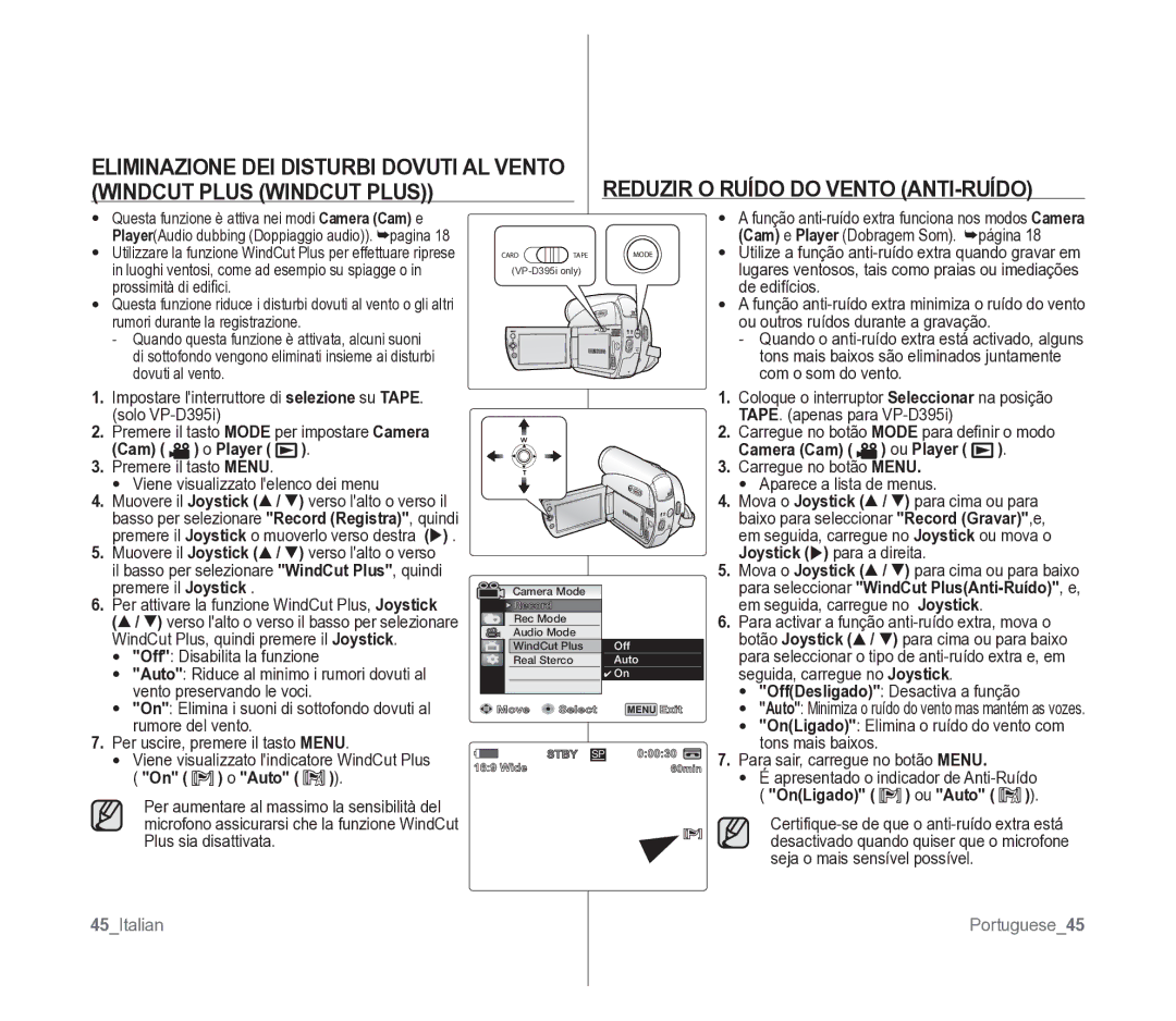 Samsung VP-D391/EDC manual Reduzir O Ruído do Vento ANTI-RUÍDO, Windcut Plus Windcut Plus, Cam Player Camera Cam Ou Player 