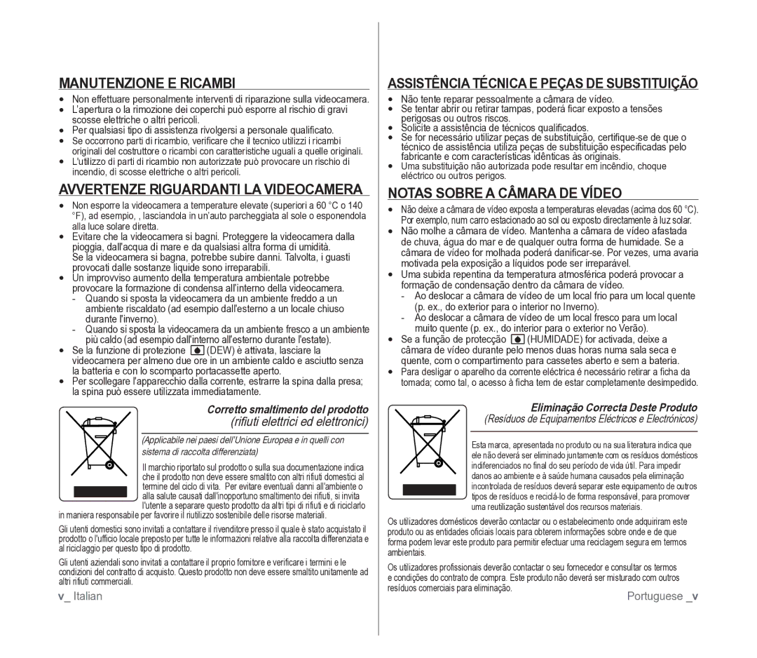 Samsung VP-D391/EDC Manutenzione E Ricambi, Avvertenze Riguardanti LA Videocamera, Notas Sobre a Câmara DE Vídeo, Italian 