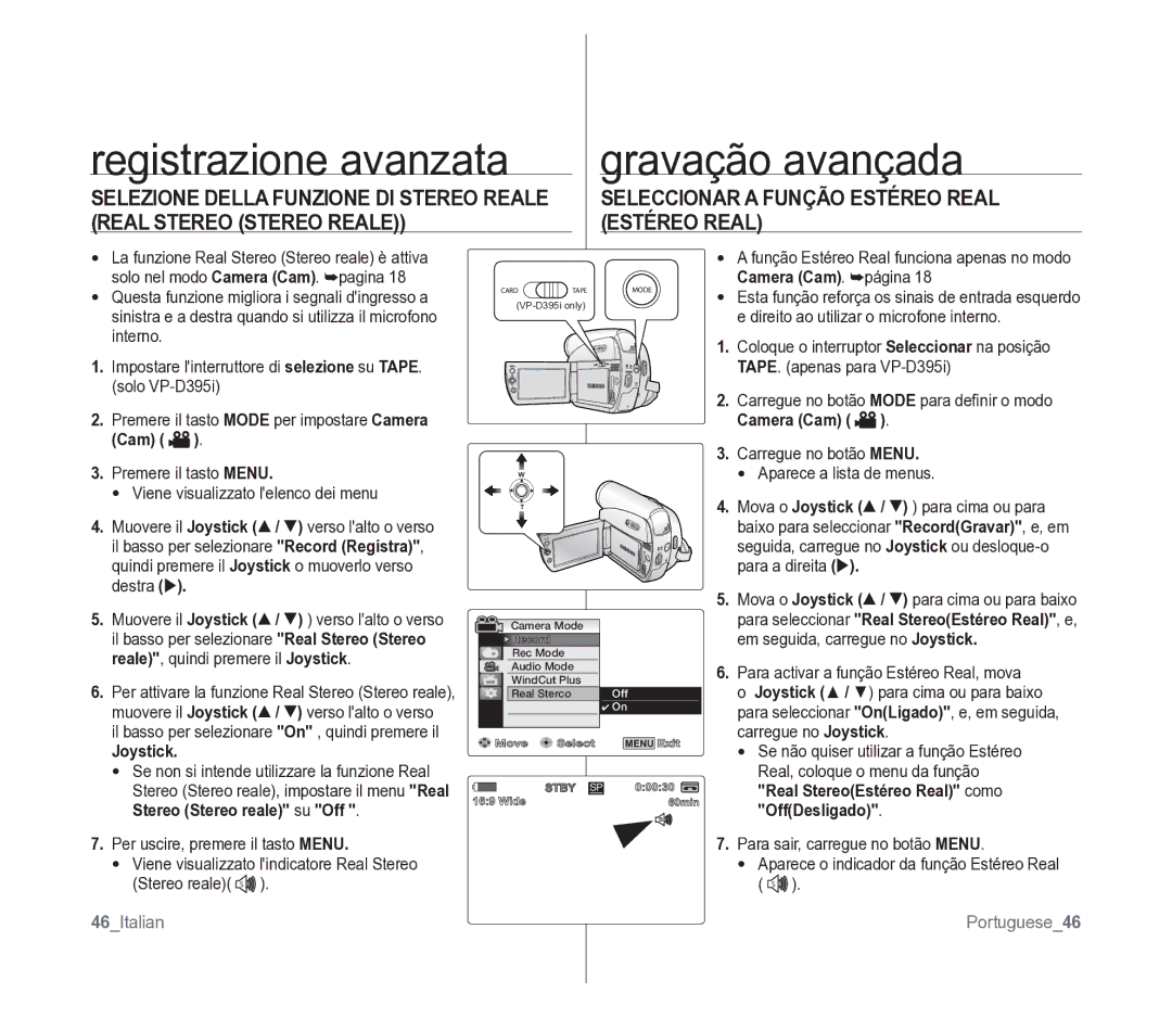 Samsung VP-D391/EDC manual Registrazione avanzata Gravação avançada, Camera Cam. página, Real StereoEstéreo Real como 