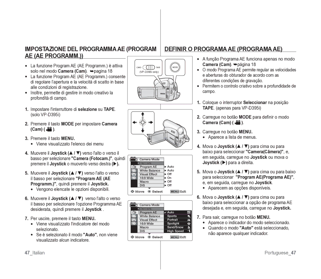 Samsung VP-D391/EDC manual Programm., quindi premere il Joystick, 47Italian Portuguese47 