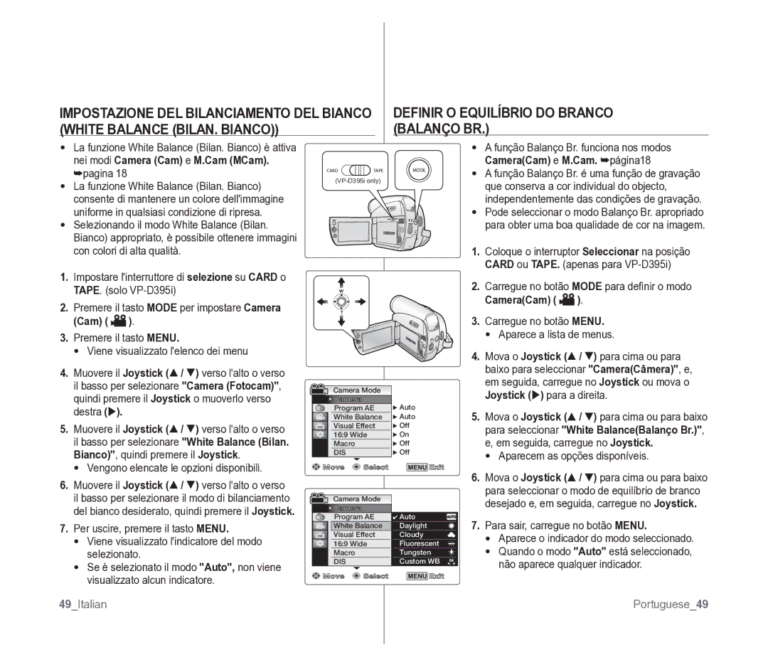 Samsung VP-D391/EDC Definir O Equilíbrio do Branco, White Balance BILAN. Bianco Balanço BR, CameraCam e M.Cam. página18 