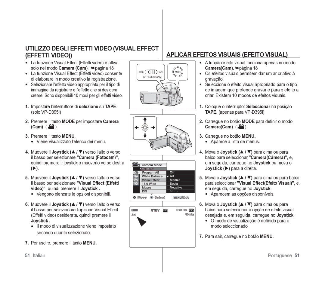 Samsung VP-D391/EDC manual CameraCam. página, Cam CameraCam, 51Italian Portuguese51 