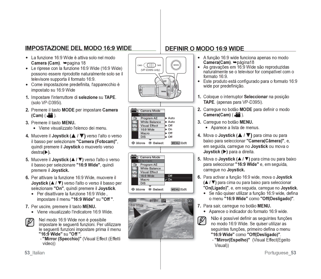 Samsung VP-D391/EDC Impostazione DEL Modo 169 Wide Definir O Modo 169 Wide, CameraCam . página18, Camera Cam . pagina 