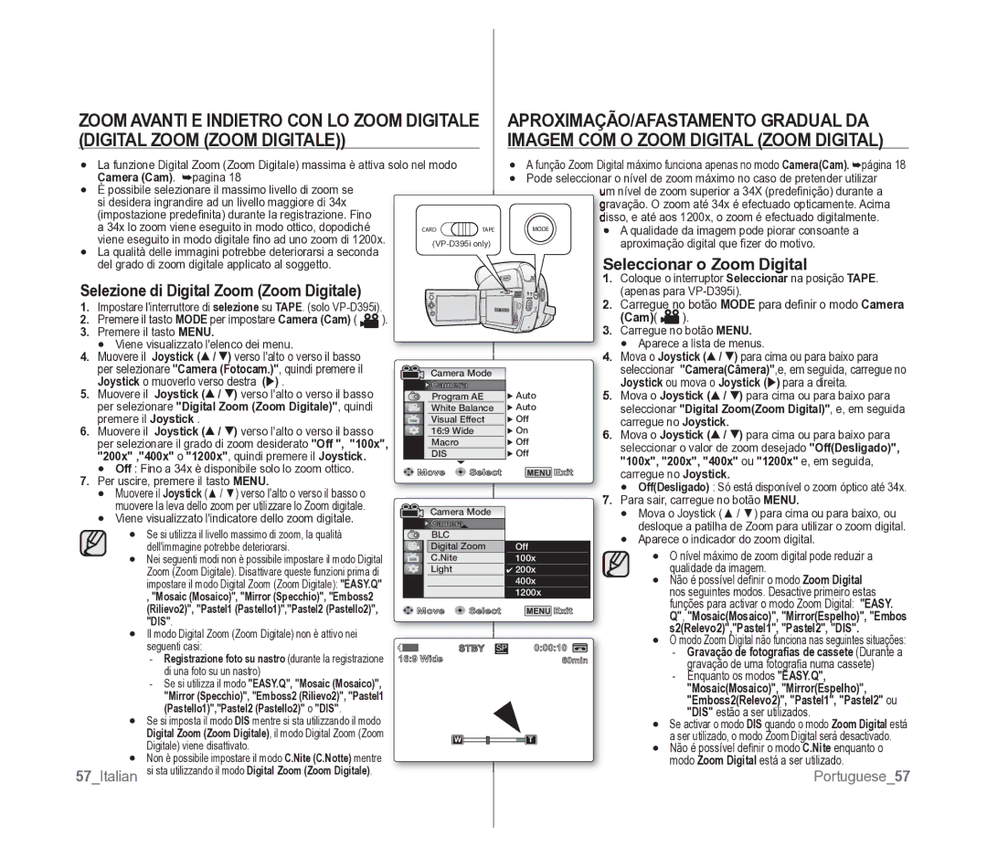 Samsung VP-D391/EDC APROXIMAÇÃO/AFASTAMENTO Gradual DA, Digital Zoom Zoom Digitale, Imagem COM O Zoom Digital Zoom Digital 