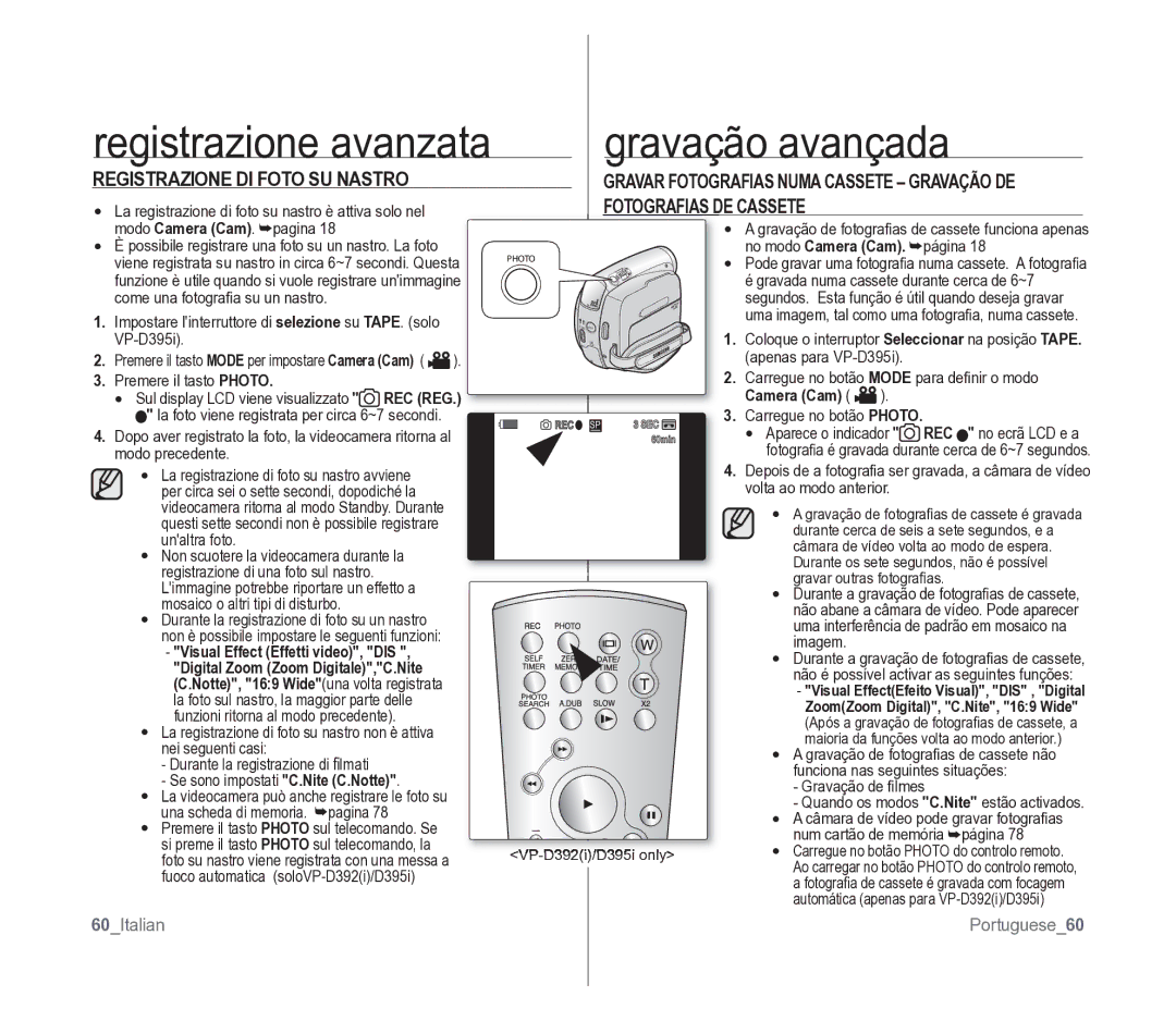 Samsung VP-D391/EDC manual Registrazione DI Foto SU Nastro, 60Italian Portuguese60 