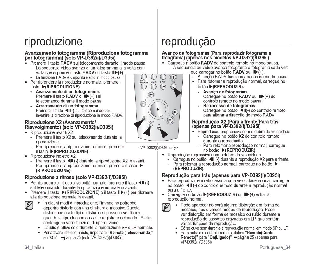 Samsung VP-D391/EDC manual Riproduzione a ritroso solo VP-D392i/D395i, Reprodução para trás apenas para VP-D392i/D395i 