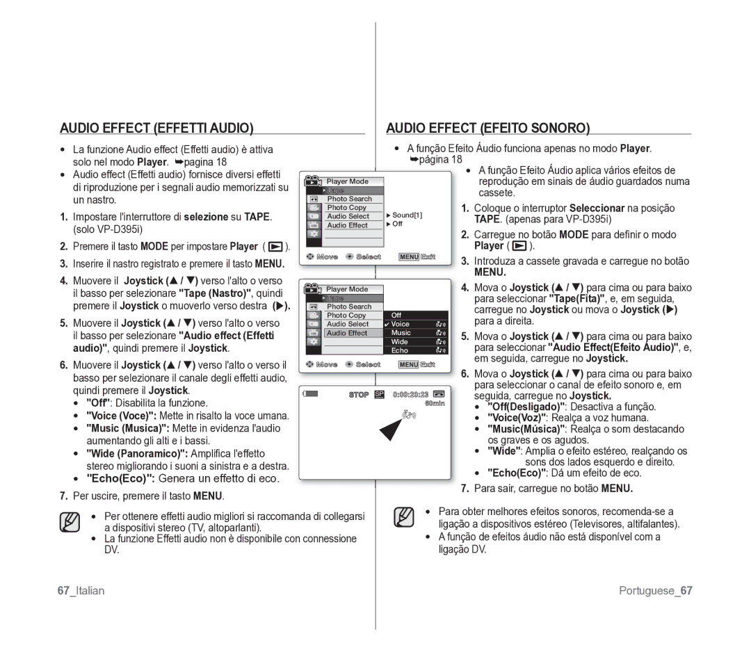 Samsung VP-D391/EDC manual Audio Effect Effetti Audio Audio Effect Efeito Sonoro, Menu, 67Italian Portuguese67 