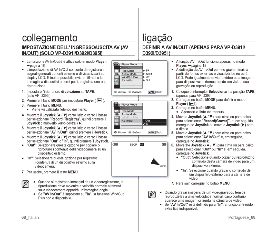 Samsung VP-D391/EDC Impostazione Dell INGRESSO/USCITA AV AV, IN/OUT Solo VP-D391i/D392i/D395i, 68Italian Portuguese68 