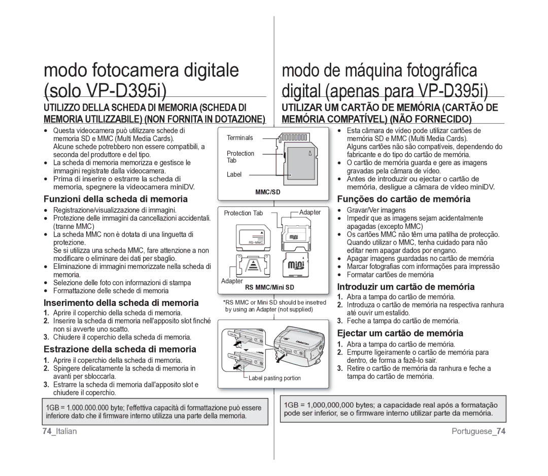 Samsung VP-D391/EDC Memória Compatível NÃO Fornecido, Introduzir um cartão de memória, Inserimento della scheda di memoria 