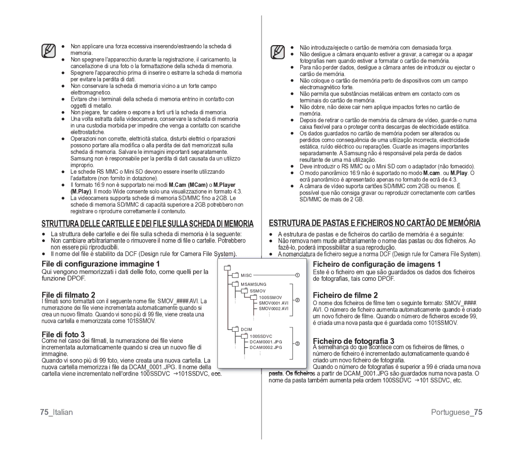 Samsung VP-D391/EDC manual File di ﬁlmato, Ficheiro de ﬁlme, File di foto, Ficheiro de fotograﬁa, 75Italian Portuguese75 