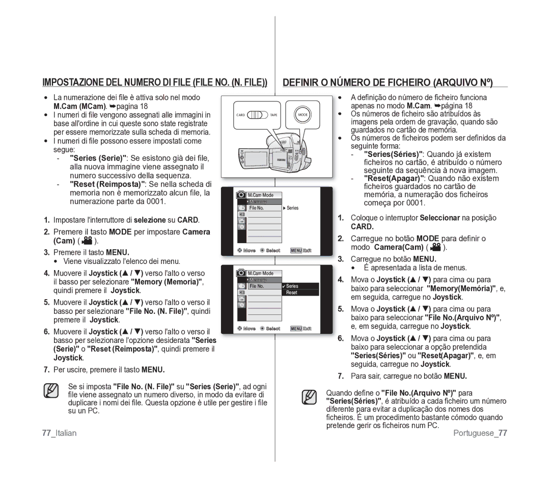 Samsung VP-D391/EDC manual Definir O Número DE Ficheiro Arquivo Nº, Impostazione DEL Numero DI File File NO. N. File, Card 