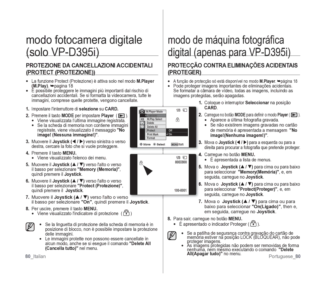 Samsung VP-D391/EDC manual Protect Protezione Proteger, Protezione DA Cancellazioni Accidentali, Cancella tutto nel menu 