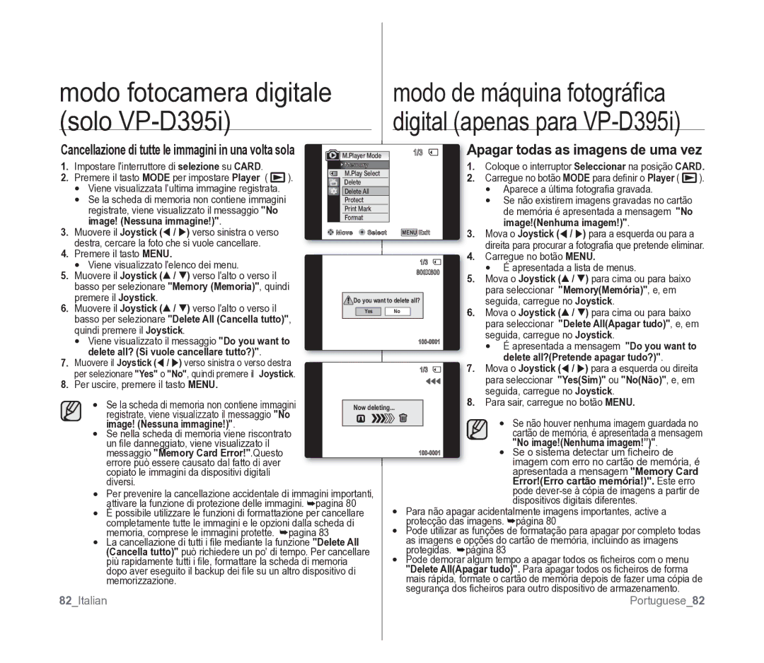 Samsung VP-D391/EDC manual Apagar todas as imagens de uma vez, Image! Nessuna immagine Image!Nenhuma imagem 