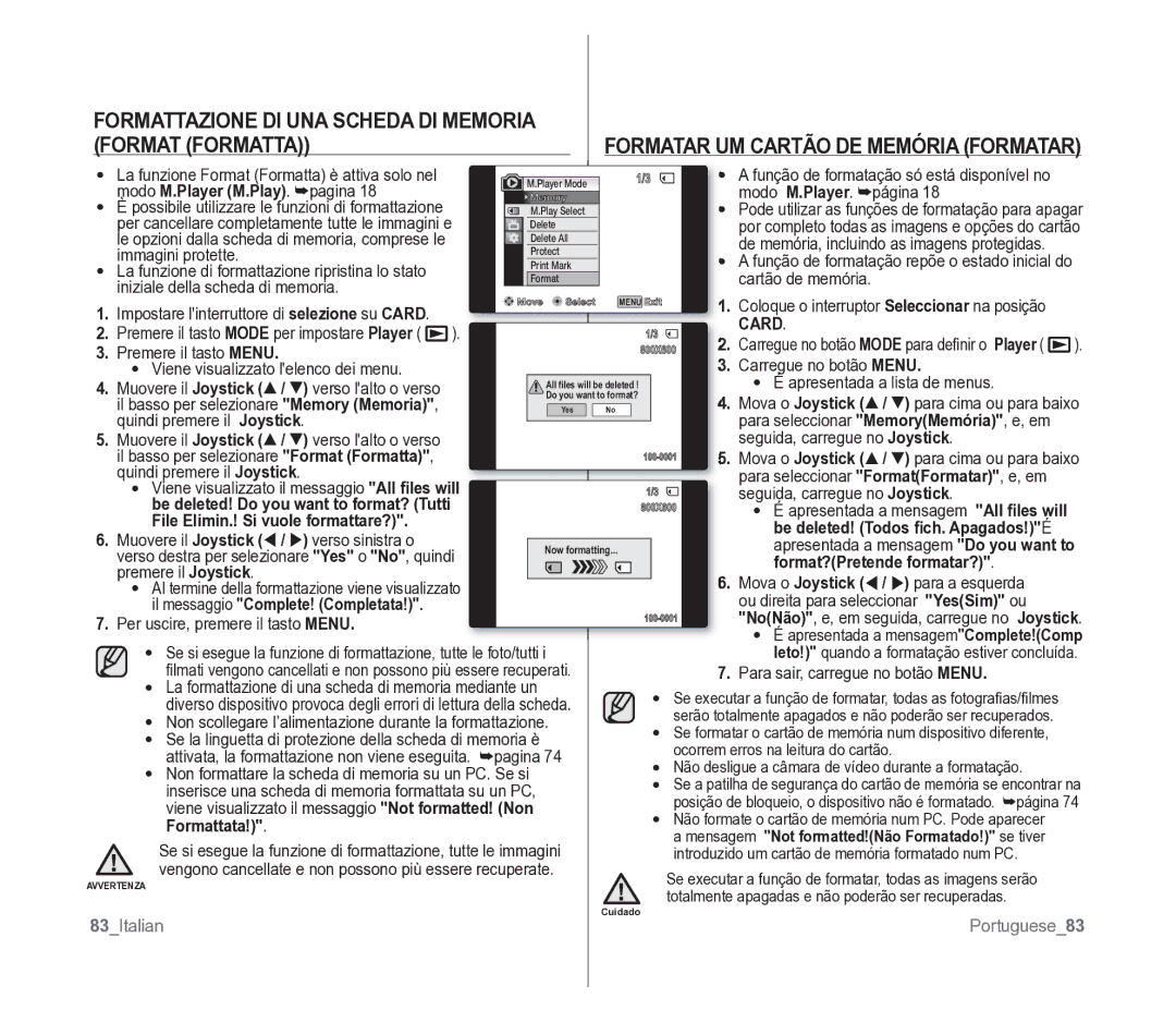 Samsung VP-D391/EDC Formattazione DI UNA Scheda DI Memoria Format Formatta, Modo M.Player M.Play . pagina, Formattata 