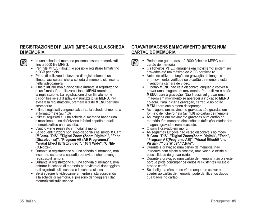 Samsung VP-D391/EDC manual 85Italian, Portuguese85 