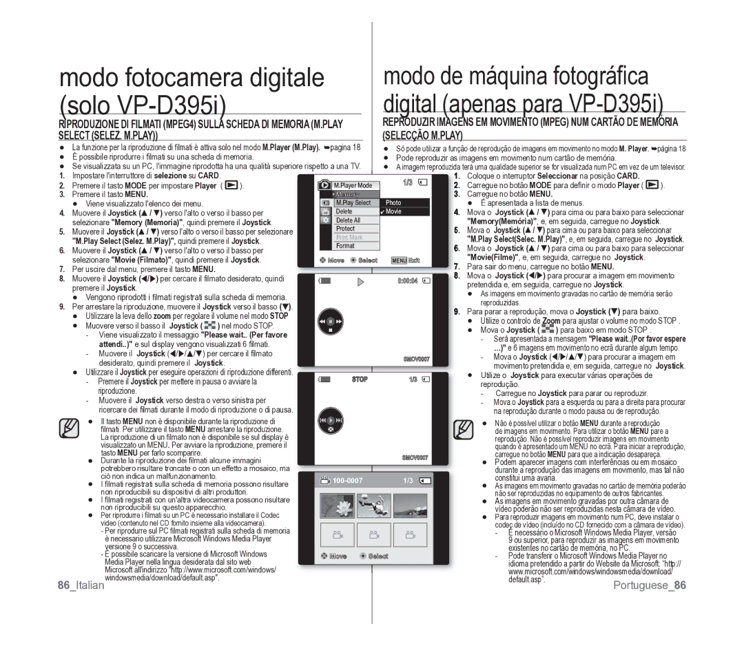 Samsung VP-D391/EDC manual 86Italian, Portuguese86 